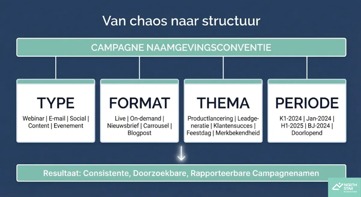 Campagnenaamgeving opgebouwd uit type, format, thema en periode.