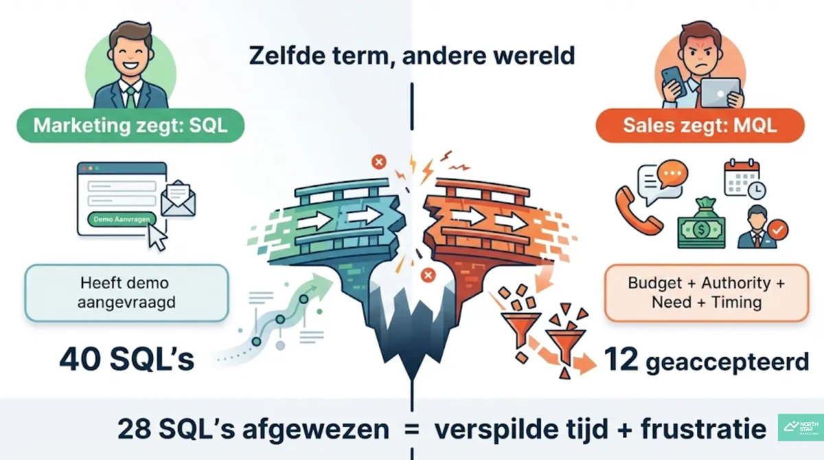 Illustratie: marketing en sales gebruiken dezelfde term voor iets anders. De aantallen in de afbeelding zijn illustratief.