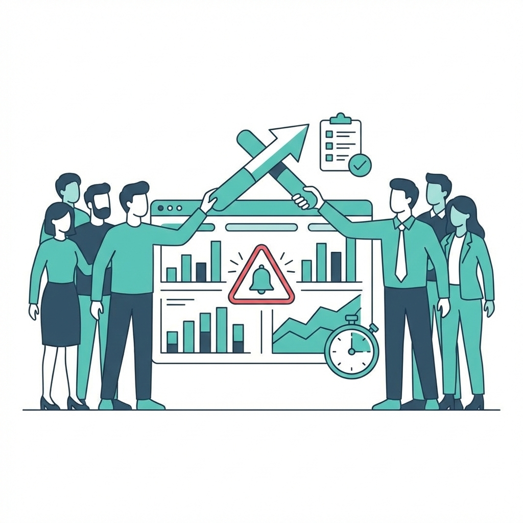 Illustratie van marketing en sales alignment met gedeelde dashboards, lead handoff workflows en SLA monitoring alerts.