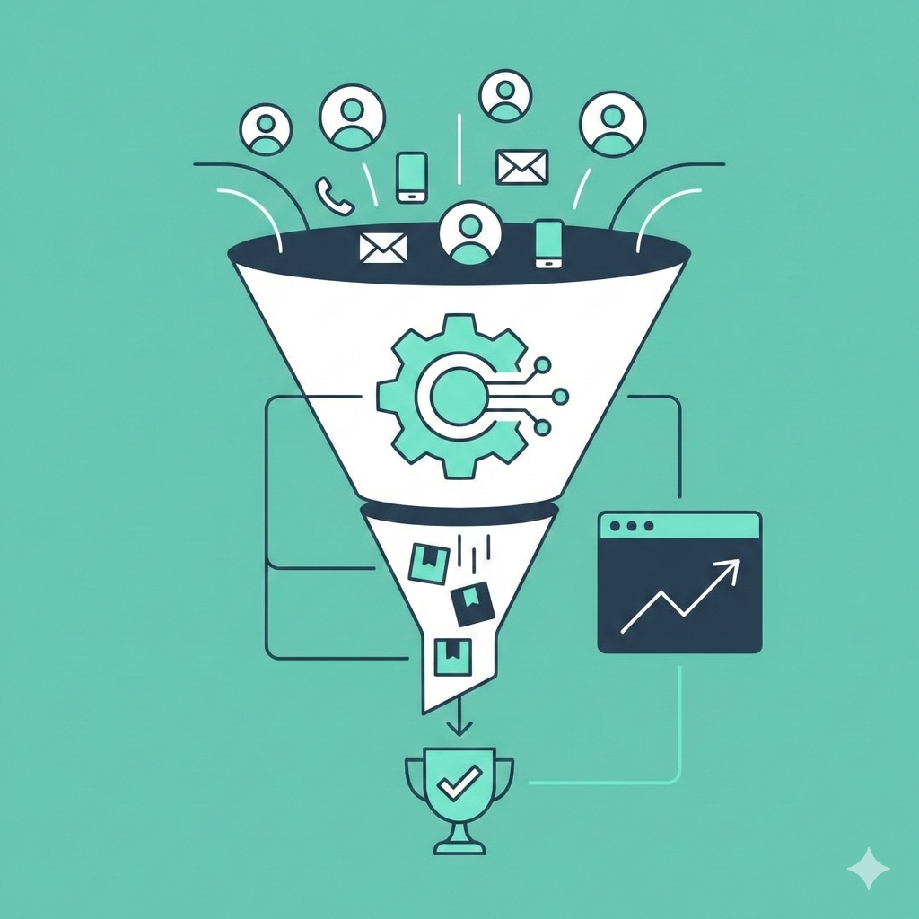 Illustratie van een geautomatiseerde marketing en sales funnel met leads die via lead scoring en nurture flows door een pipeline stromen naar gesloten deals, met ROI dashboard.