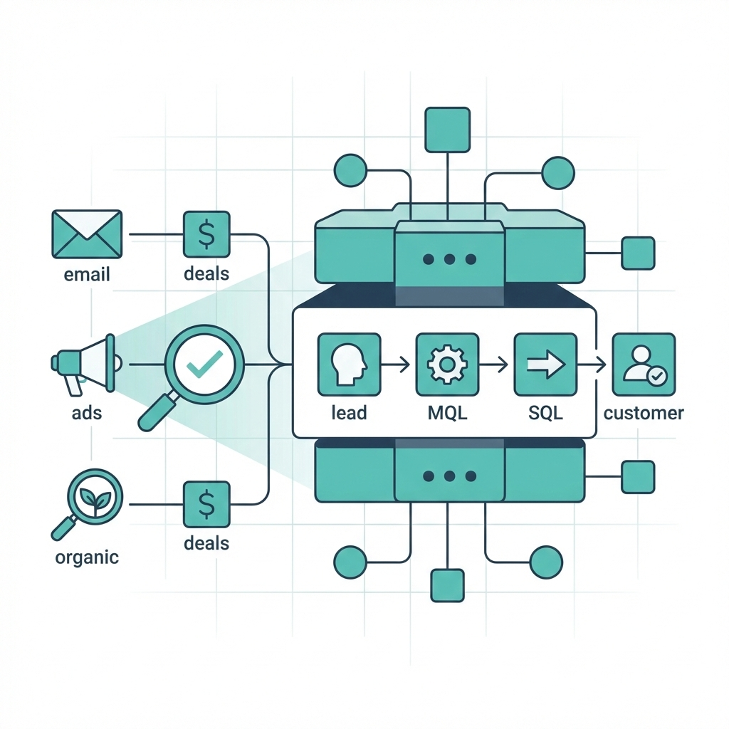 Illustratie van een schaalbaar HubSpot datamodel met verbonden lifecycle stages, properties en kanalen die naar deals leiden.