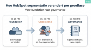 Visual met drie groeifases van HubSpot segmentatie in B2B-bedrijven: 10–25 FTE (Foundation) met eenvoudige kernlijsten, 25–50 FTE (Chaos zone) met list explosion en ad-hoc segmentatie, en 50–100 FTE (Governance) met eigenaarschap en vaste regels. De afbeelding illustreert hoe CRM-structuur meegroeit met organisatiegroei.