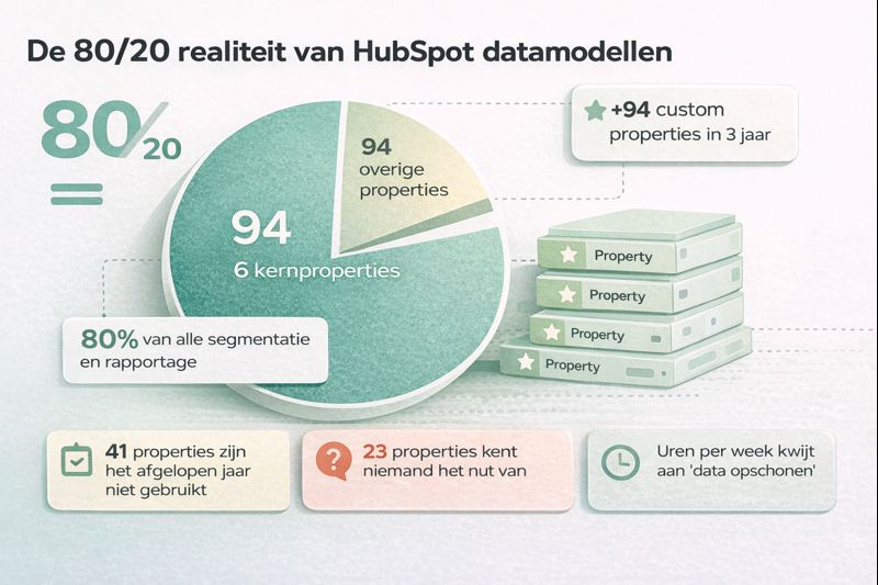 Visual over de 80/20-regel in HubSpot datamodellen. Een cirkeldiagram laat zien dat 6 kernproperties verantwoordelijk zijn voor 80% van segmentatie en rapportage, terwijl 94 overige custom properties weinig worden gebruikt. Onderaan staat dat 41 properties het afgelopen jaar niet zijn gebruikt en van 23 properties niemand het nut kent. De afbeelding illustreert inefficiënt datamanagement in B2B HubSpot-accounts.
