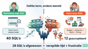 Illustratie van een gebroken brug tussen Marketing en Sales. Links zegt Marketing “SQL” met 40 gegenereerde leads na een demo-aanvraag. Rechts zegt Sales “MQL” met criteria zoals Budget, Authority, Need en Timing, waarvan slechts 12 leads worden geaccepteerd. Onderaan staat: “28 SQL’s afgewezen = verspilde tijd + frustratie.”