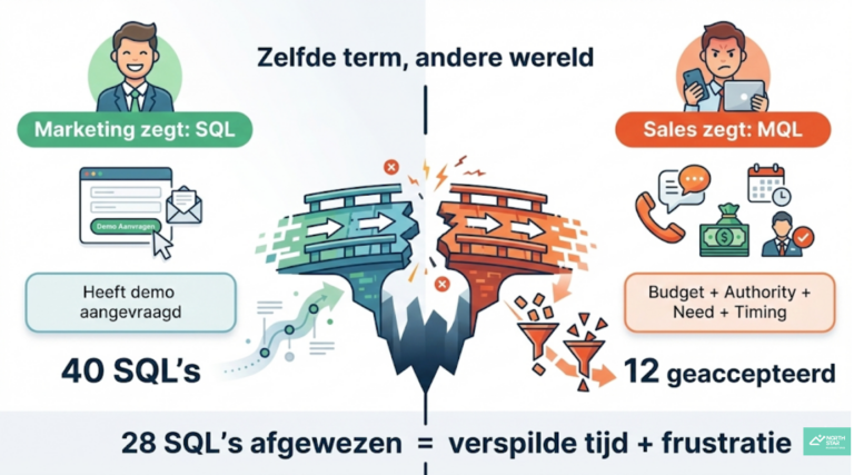 Illustratie van een gebroken brug tussen Marketing en Sales. Links zegt Marketing “SQL” met 40 gegenereerde leads na een demo-aanvraag. Rechts zegt Sales “MQL” met criteria zoals Budget, Authority, Need en Timing, waarvan slechts 12 leads worden geaccepteerd. Onderaan staat: “28 SQL’s afgewezen = verspilde tijd + frustratie.”